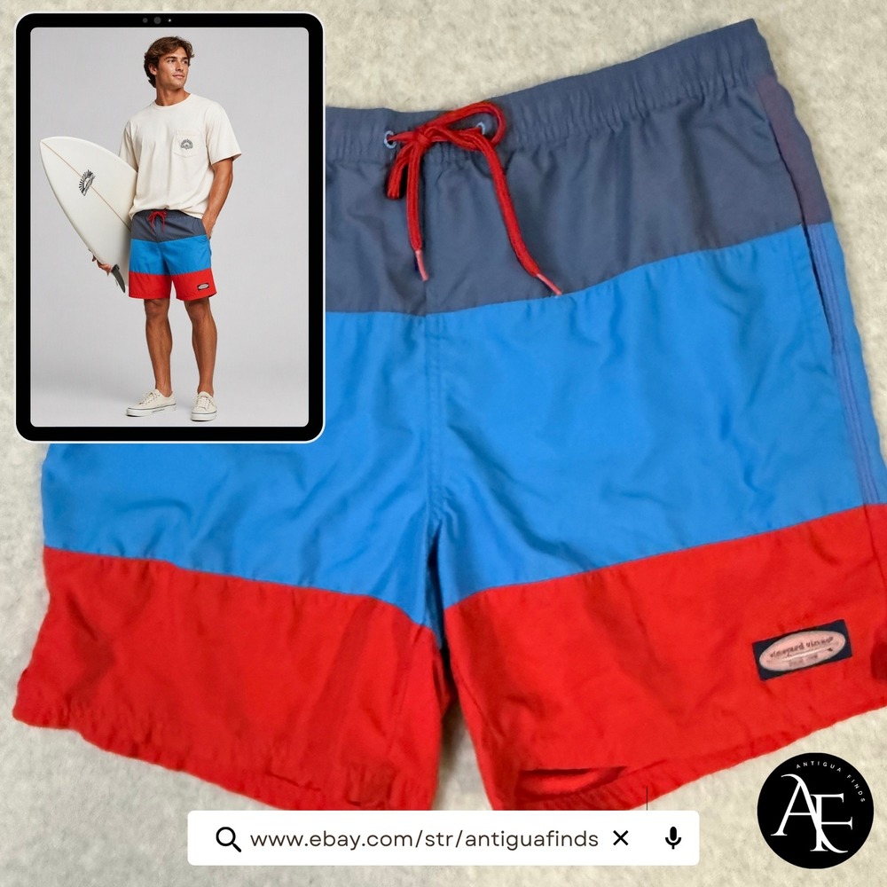 Vineyard Vines Mens Medium Colorblock Swim Trunks Blue Red Board Shorts Mesh